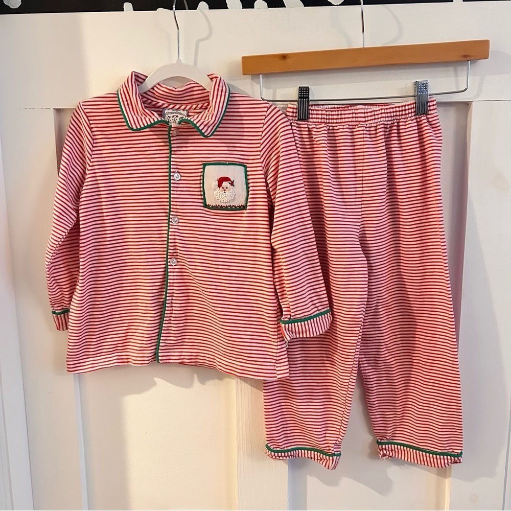 Three Sisters Striped smocked Santa Red Kids Pajamas set